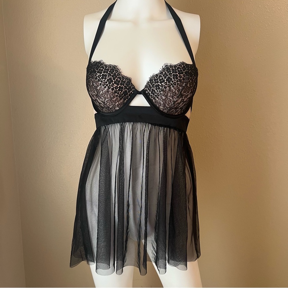 Victoria’s Secret black eyelash lace halter babydoll slip dress size 34C